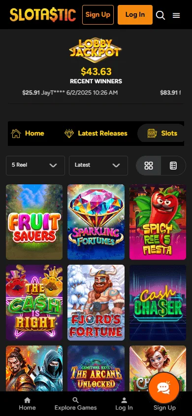 Slotastic Casino mobile game portfolio with dropdown navigation