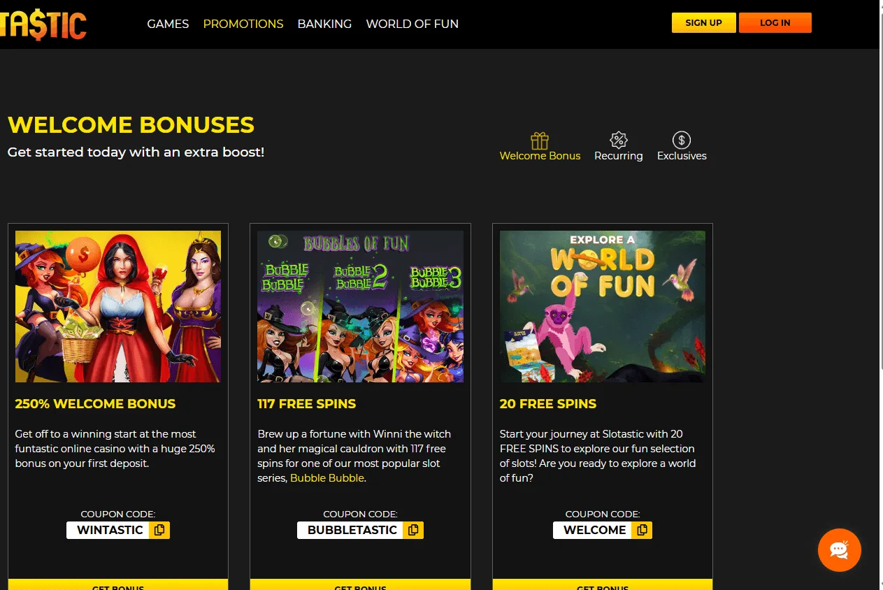 Slotastic Casino desktop promotions with welcome and ongoing bonus options
