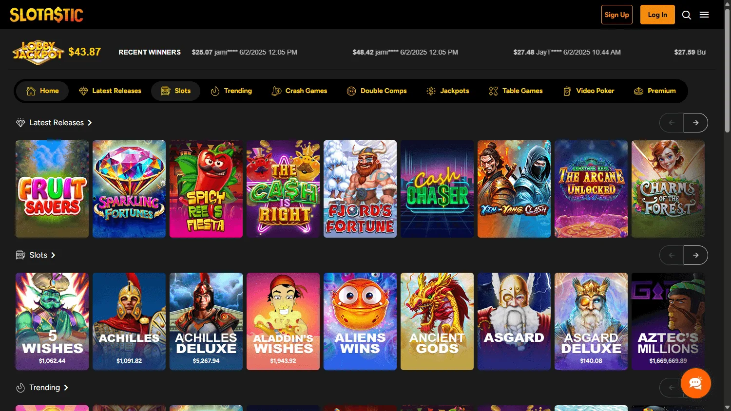 Slotastic Casino desktop table games and progressive jackpot selection